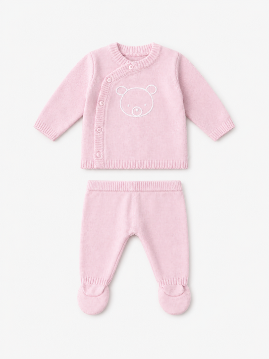 Conjunto tejido rosado para bebé niña con pantalón con pie y bordado de oso – Losan
