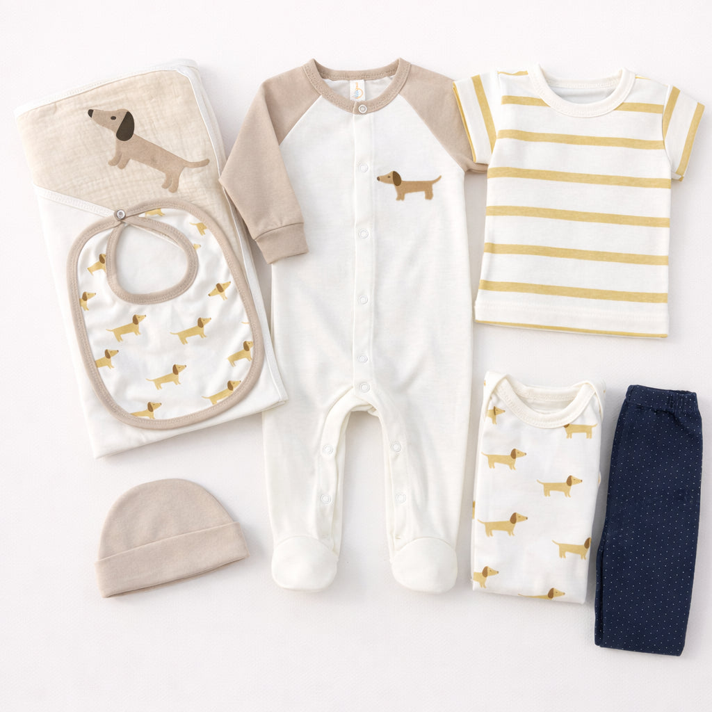 Set de primera puesta para bebé niño con estampado de perritos en tonos beige y crudo – Mapaby