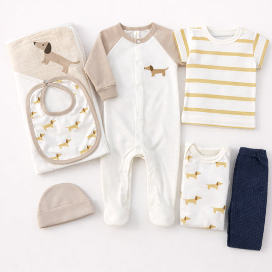 Set de primera puesta para bebé niño con estampado de perritos en tonos beige y crudo – Mapaby