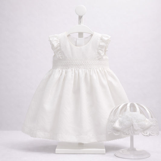 Vestido de bautizo para bebé niña blanco con smock y balaca