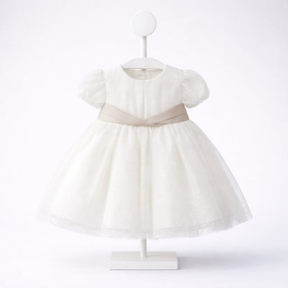Vestido de ceremonia para bebé niña marfil con fajín beige y cubrepañal – Mayoral