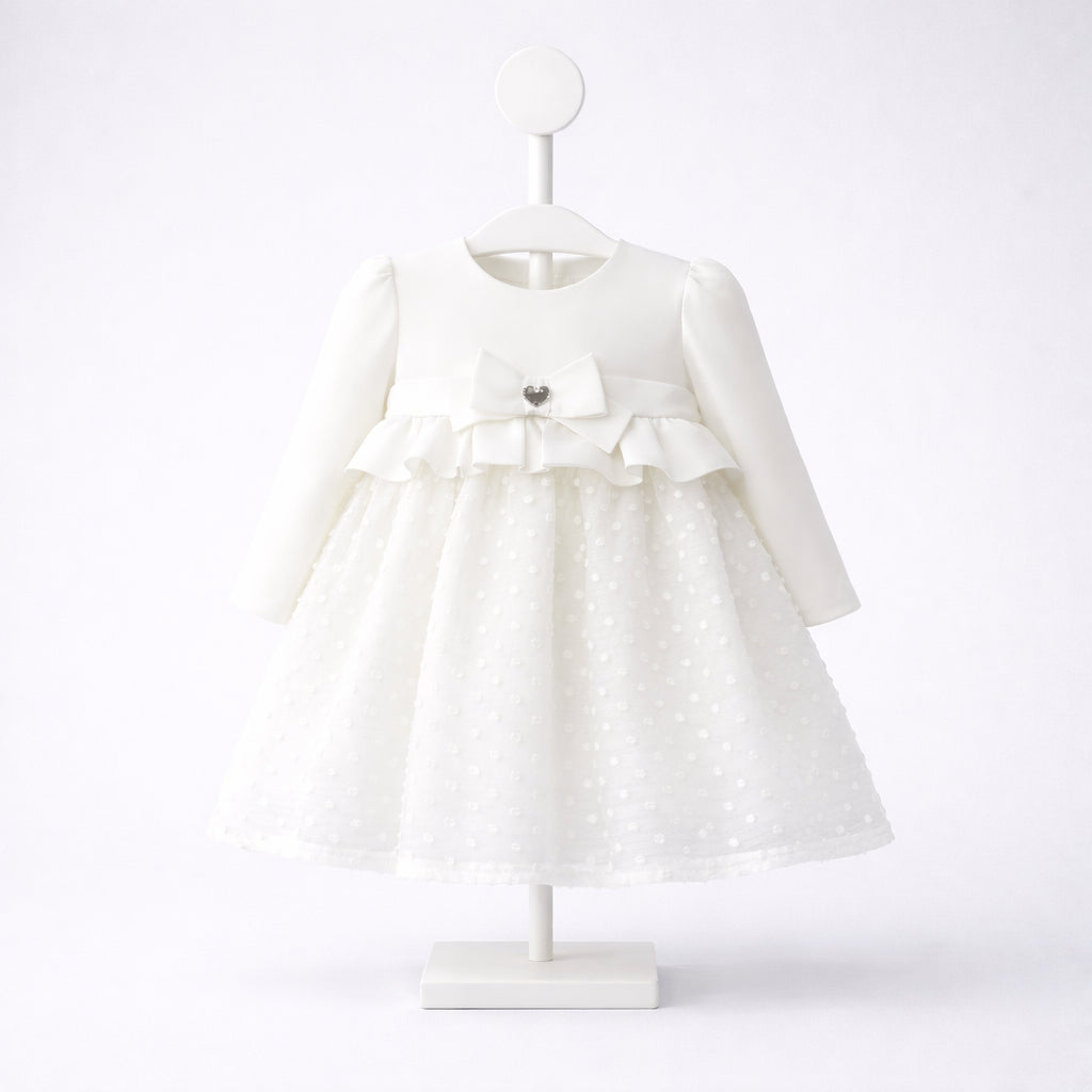Vestido para niña marfil de manga larga con tul y lazo Mayoral