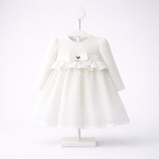 Vestido para niña marfil de manga larga con tul y lazo Mayoral