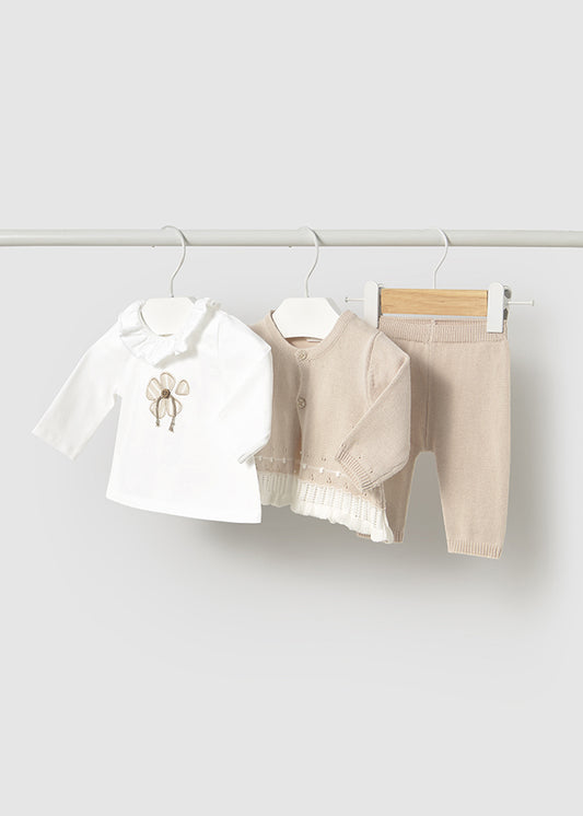 Conjunto tejido rosa para bebé niña con blusa, chaqueta y pantalón – Mayoral