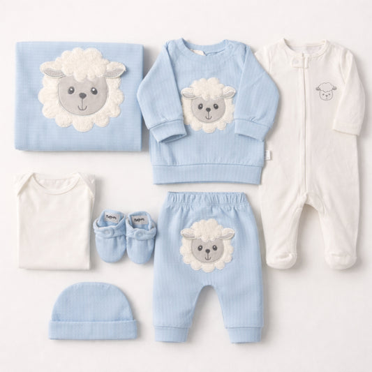 Set de primera puesta azul para bebé niño con ovejita, pijama y cobija – Puppet
