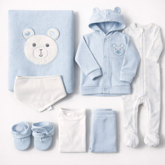 Set de primera puesta azul para bebé niño con chaqueta, pijama y cobija 7 piezas – Puppet