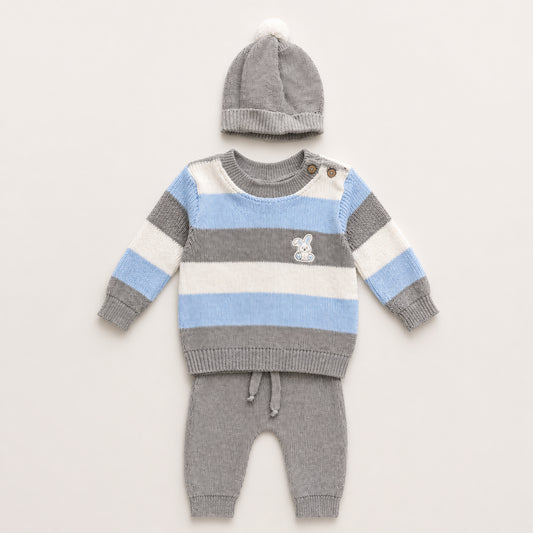 Conjunto tejido gris y azul para bebé niño con conejo, pantalón y gorro – Puppet