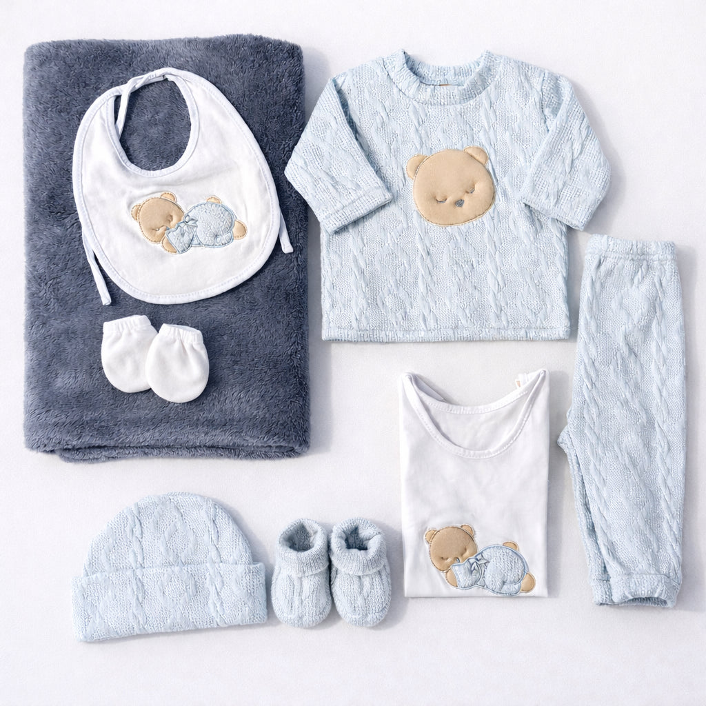 Set de primera puesta tejido azul para bebé niño con cobija – Welldone