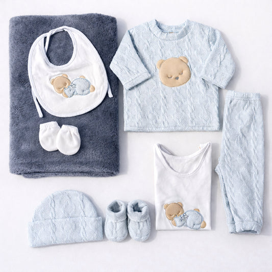 Set de primera puesta tejido azul para bebé niño con cobija – Welldone