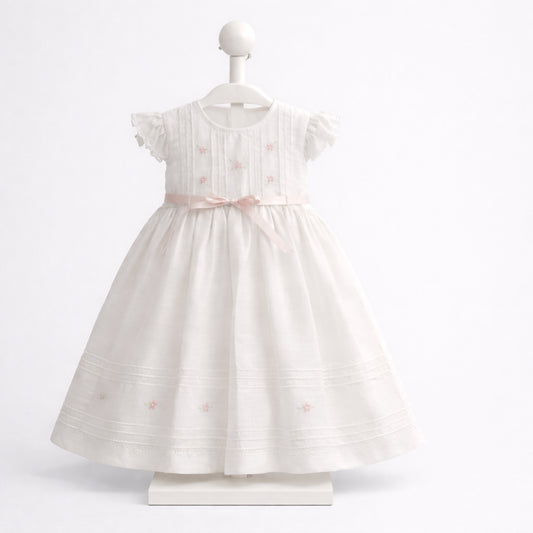 Vestido de ocasión especial para bebé niña blanco con bordados rosados y lazo